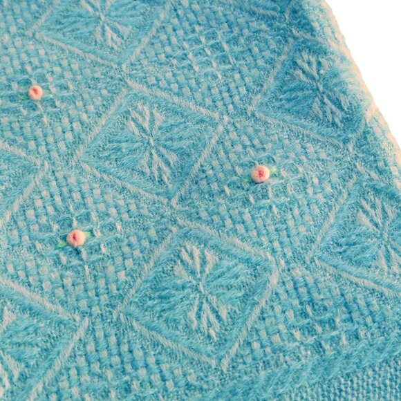 Vintage Blue Baby Blanket w/ Pink Roses, Tassels Crib Size 36x39 Mid-Century - Picture 6 of 7